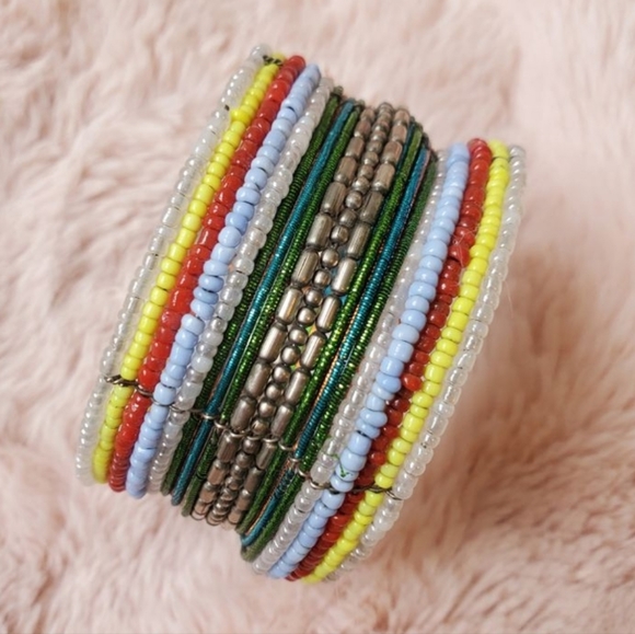Beaded Multi-Coloured Boho Bohemian Stretch Bracelet Cuff - Picture 2 of 6